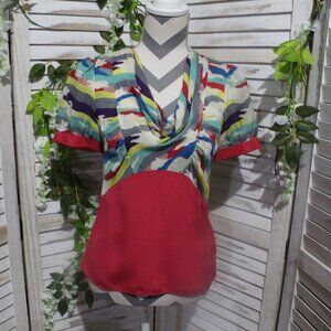 Marc Jacobs 100% Silk Vintage Red Rainbow Multicolor Abstract Camo Print Top